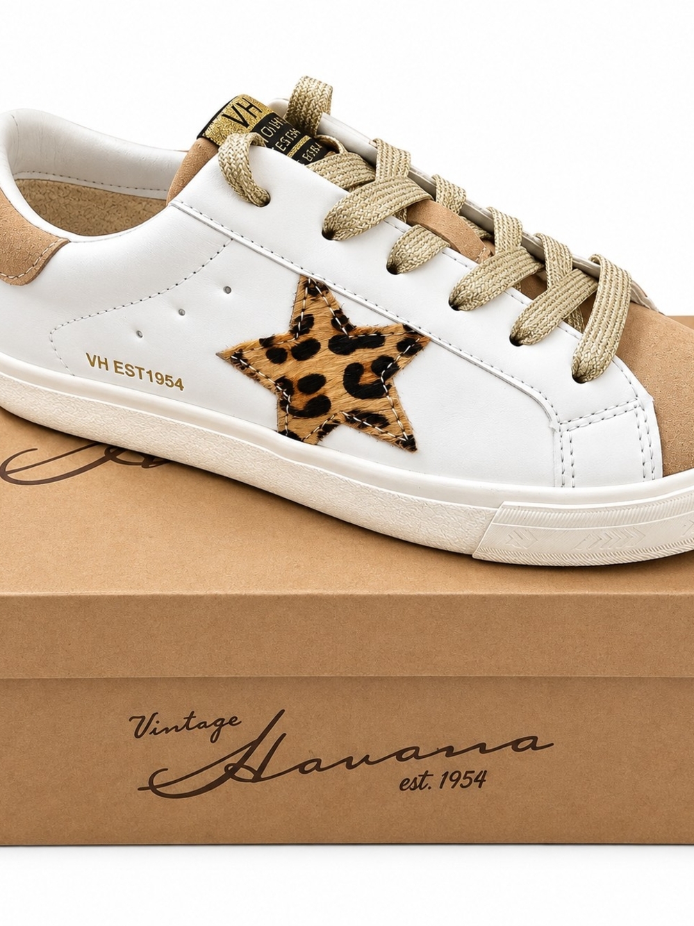Vintage Havana Womens Mighty White Leopard Camel Star Sneaker New